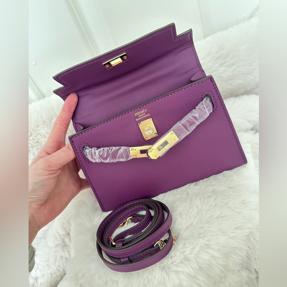 Top Handle, Crossbody Classic Mini Epsom Bag with Gold Hardware in Deep Purple - Picture 7 of 10